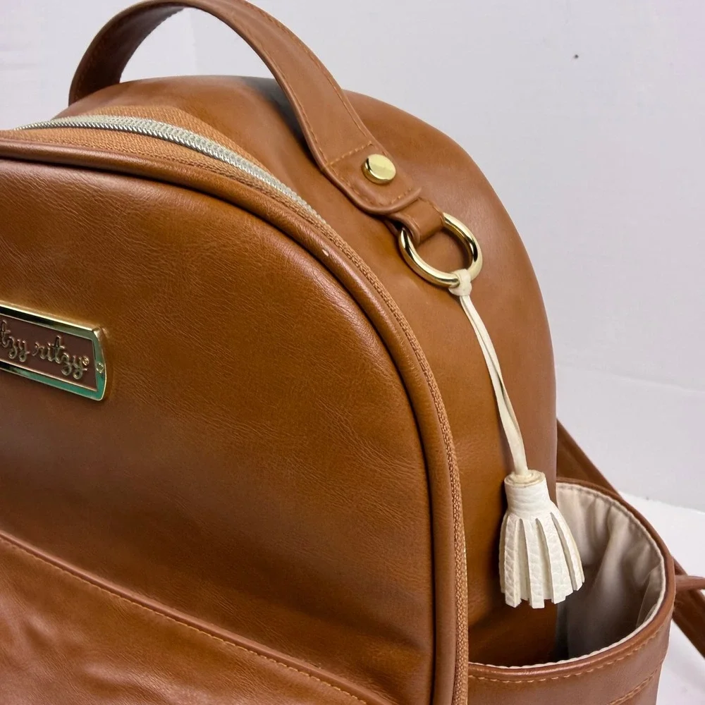 Itzy Ritzy Boss Backpack Diaper Bag Cognac Brown Vegan Leather Gold Hardware